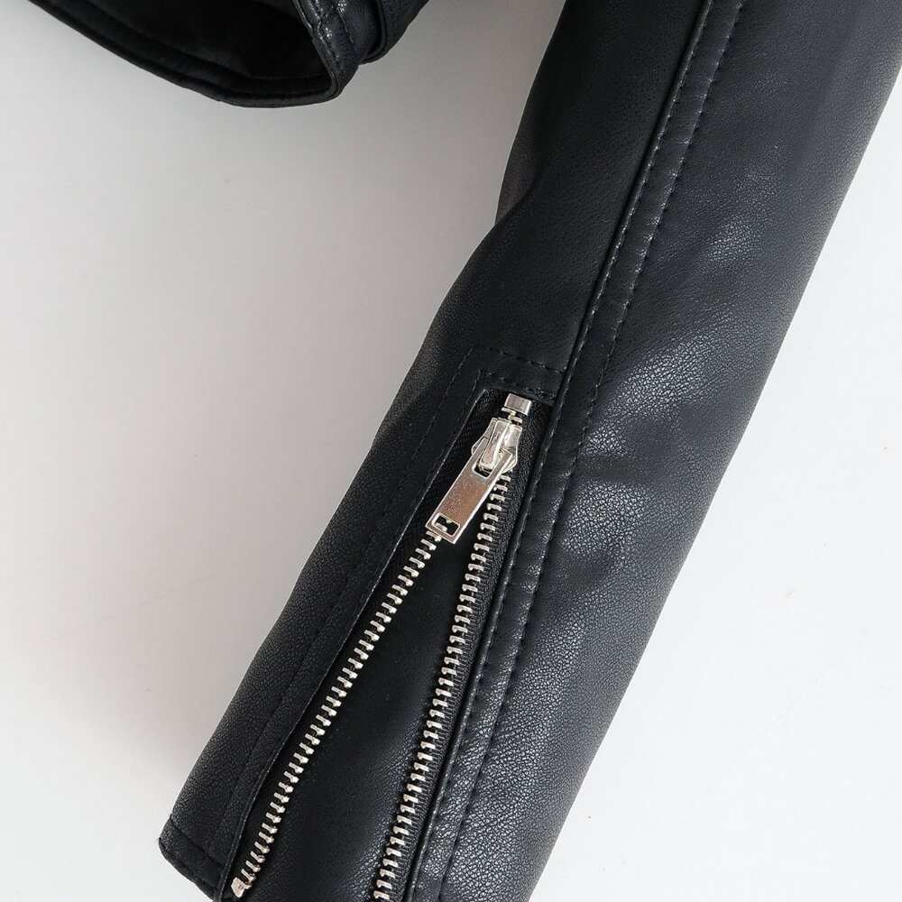 Black Casual Women's Zip Up Faux Leather Moto Jacket BIker - Picture 7 of 11